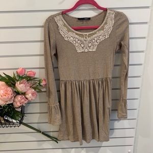 Striped dress lace neckline detail & bell sleeves